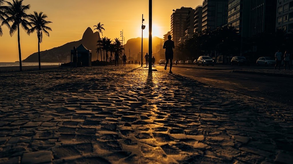 Calçadão ao pôr do sol na Zona Sul do Rio