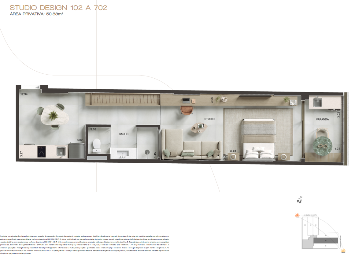 Planta do Studio Design 102 a 702 do ARTi Leblon, área privativa de 50,88m²