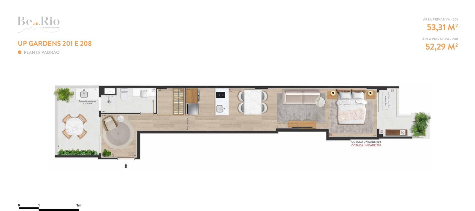 Planta dos up gardens 201 e 208, com 53,31 e 52,29 m², do Be.in.Rio Nascimento Silva 387