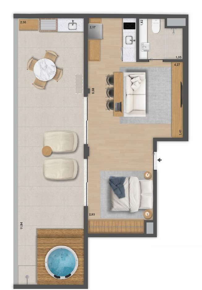 Planta da cobertura 1301, com 80,01 m² e terraço, do Be.in.Rio Pompeu Loureiro 110