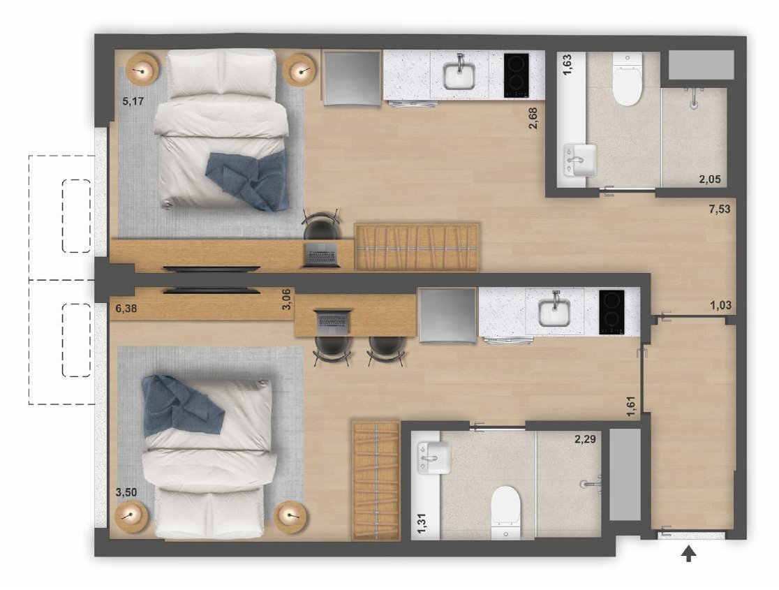 Planta da double suite de 48,22 m², com duas unidades independentes, do Be.in.Rio Pompeu Loureiro 110
