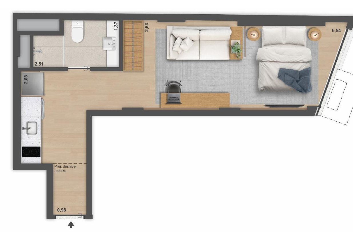 Planta do apartamento de 32,42 m², finais 01 do 2º ao 12º andar, do Be.in.Rio Pompeu Loureiro 110
