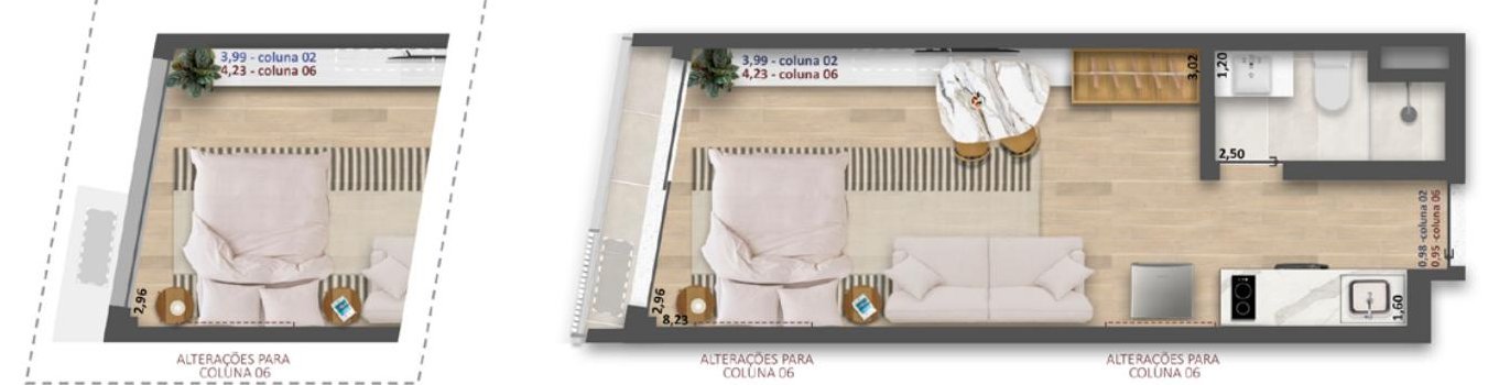 Planta dos apartamentos de 29,50 e 28,73 m², colunas 02 e 06, do Be.in.Rio Tonelero