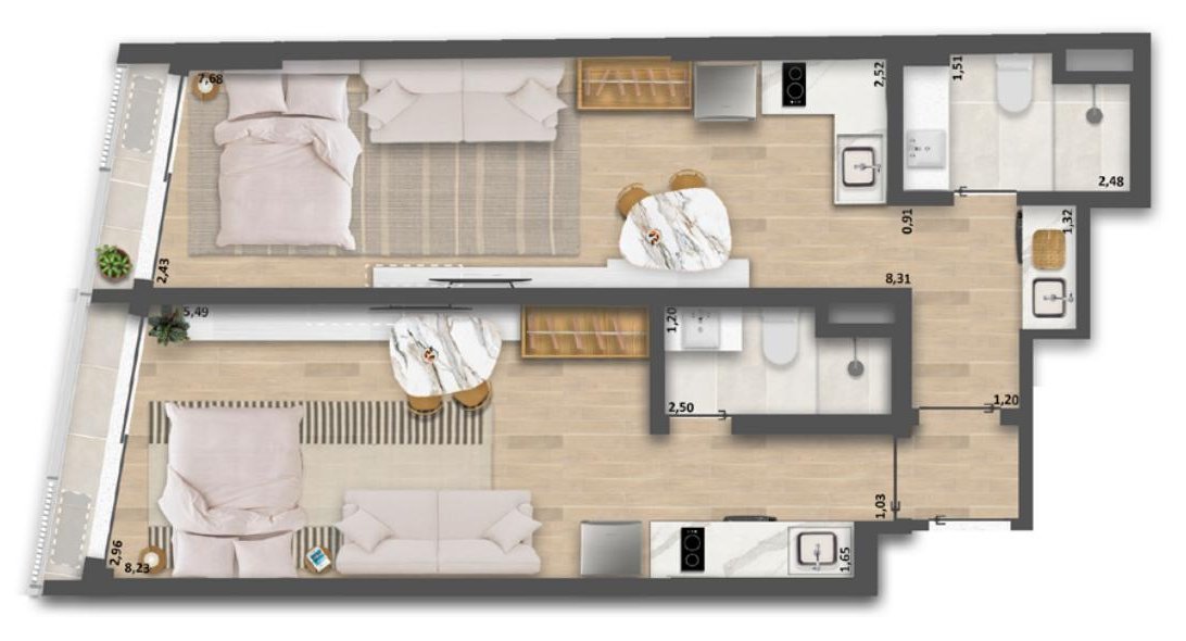 Planta da double suite de 65,66 m², finais 01 do 7º ao 11º andar, do Be.in.Rio Tonelero
