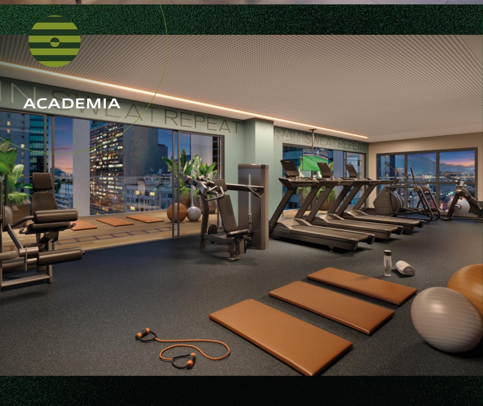 Academia do Connect Square com vista noturna para o Centro do Rio