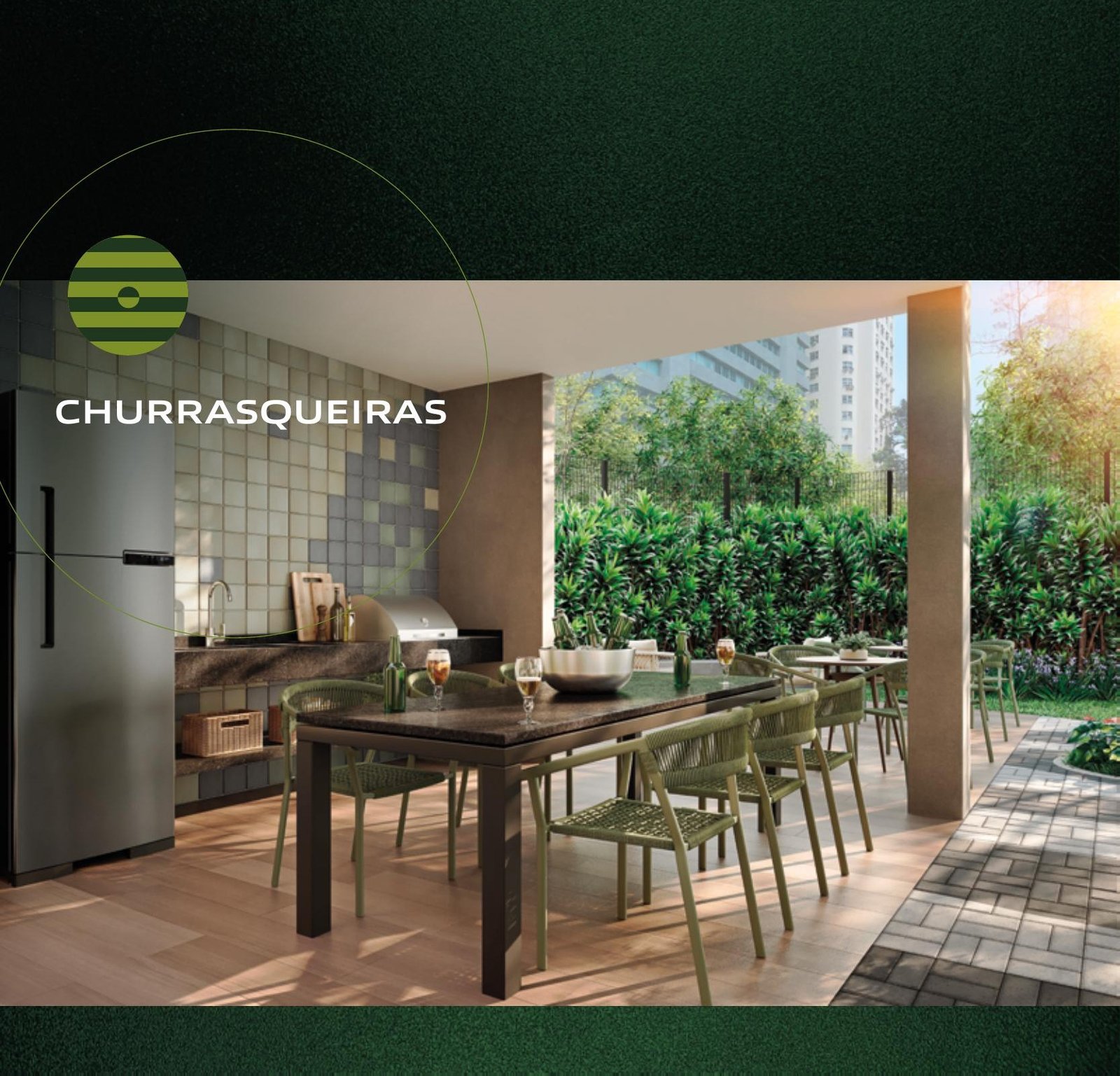 Área de churrasqueiras do Connect Square com vista para o Centro do Rio