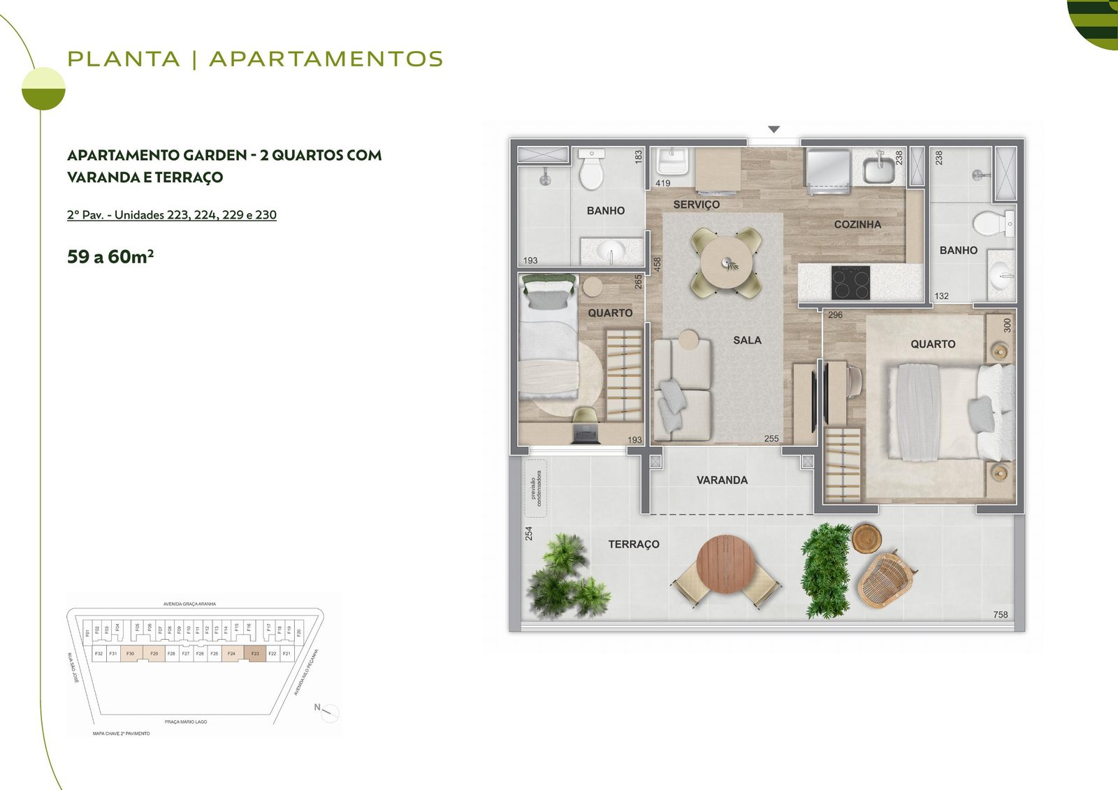 Planta do apartamento garden de 2 quartos com varanda e terraço de 59 a 60m² no Connect Square