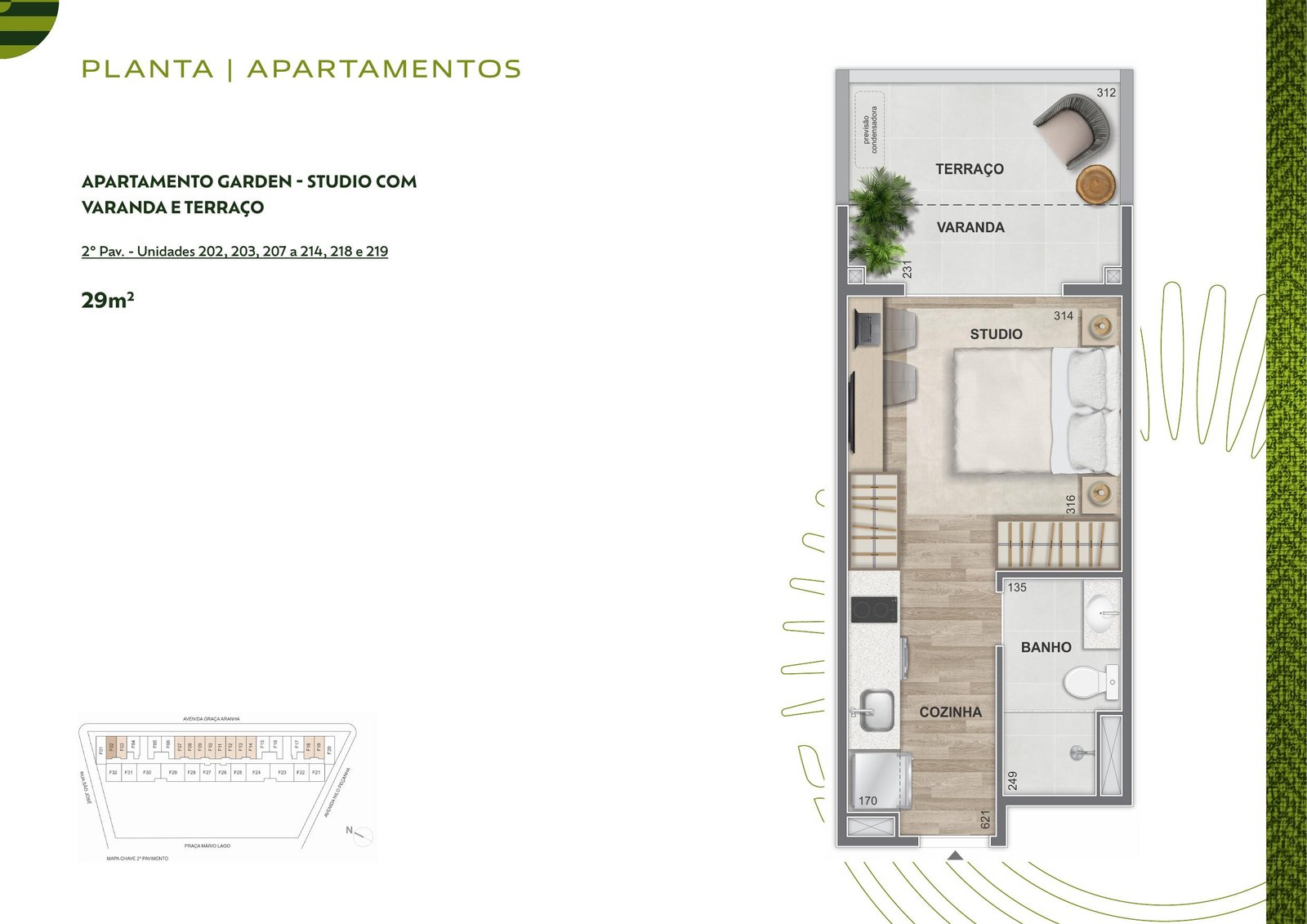 Planta do apartamento garden studio com varanda e terraço de 29m² no Connect Square