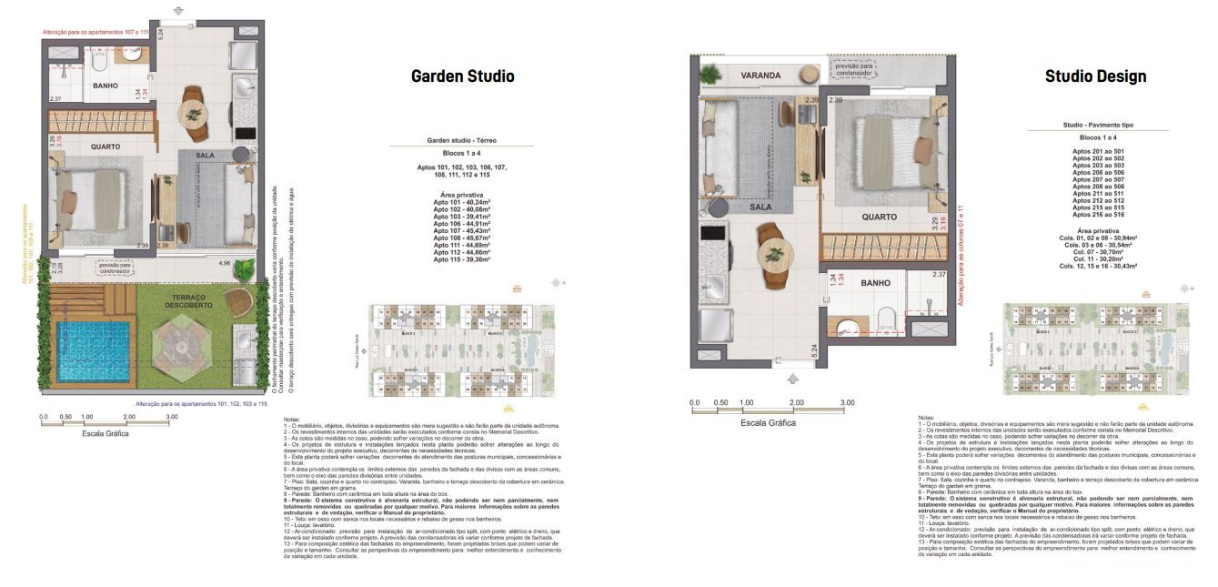 Planta do Garden Studio térreo e do Studio Design pavimento tipo do Feel Pontal Oceânico