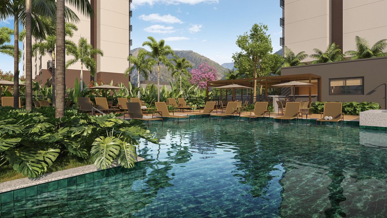 Complexo aquático do Ilha Stay Home Resort com espreguiçadeiras e bar