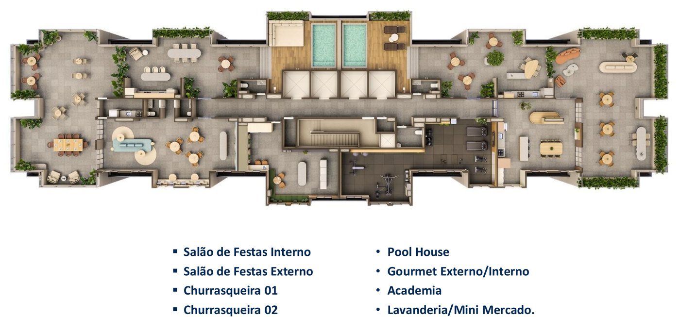 Planta do rooftop do Ilha Stay, com salões de festas, churrasqueiras, pool house e academia