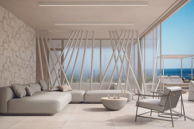 Lounge do rooftop do IPA Studios Design com vista para o mar