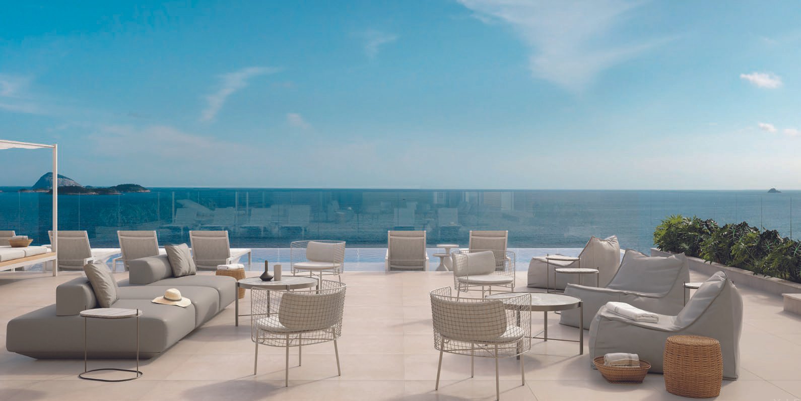 Lounge do rooftop do IPA Studios Design com vista para o mar