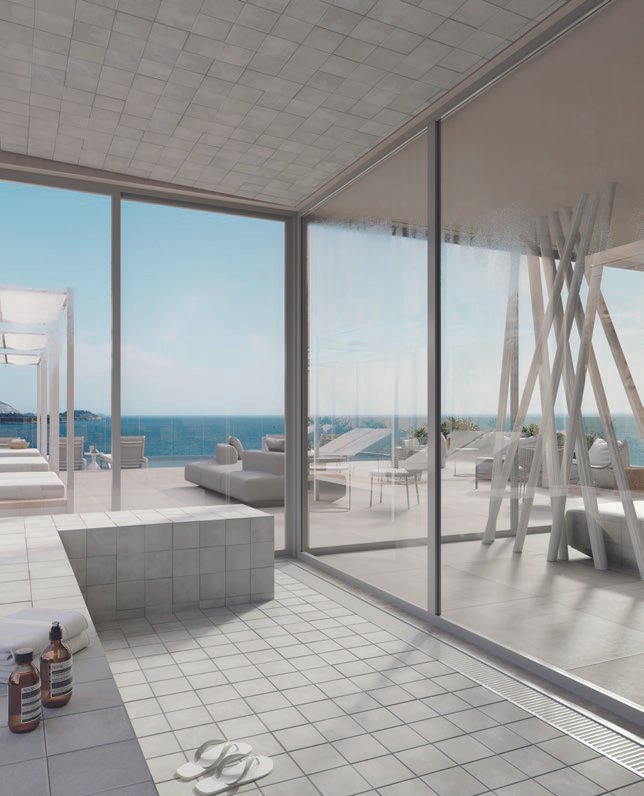 Spa e deck molhado do IPA Studios Design com vista para o mar