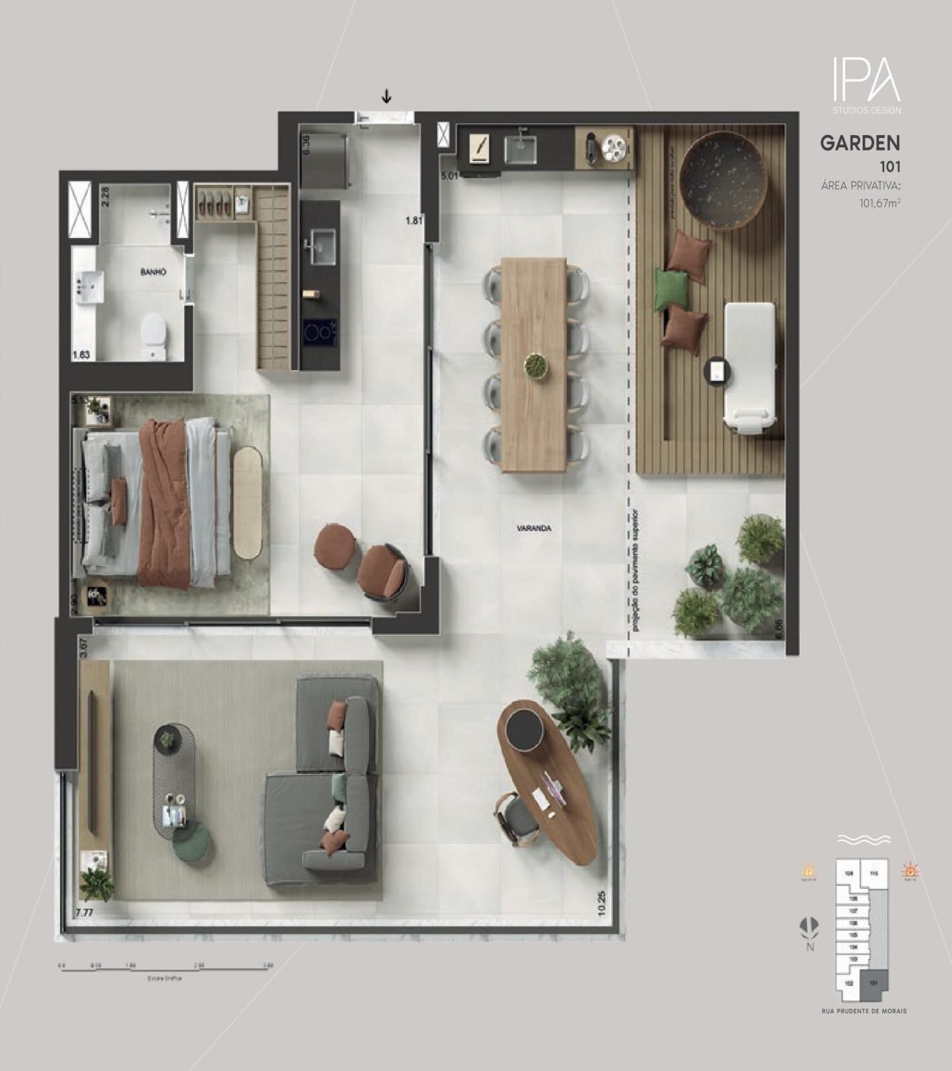 Planta do garden 101 do IPA Studios Design, com 101,67 m²