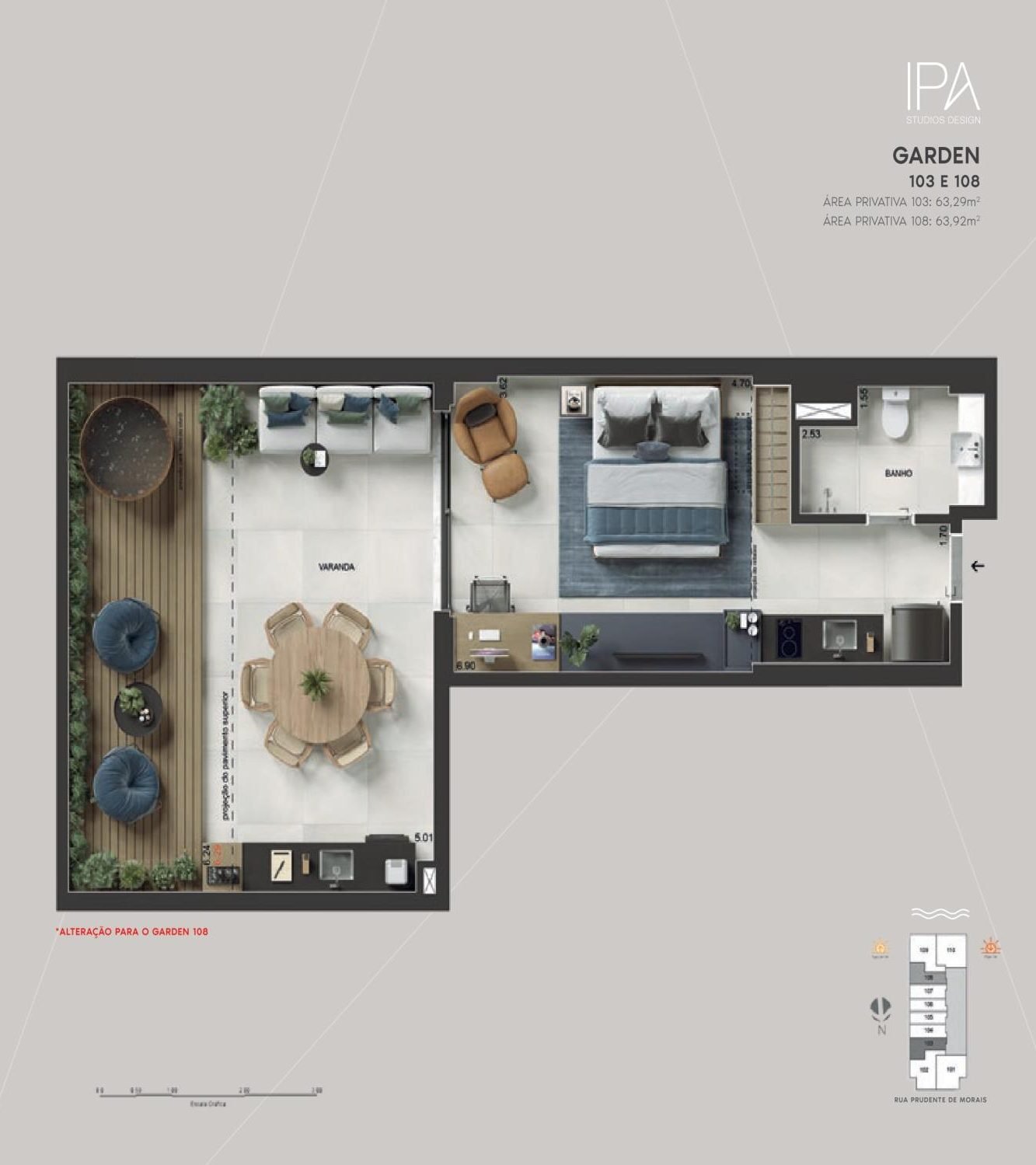 Planta dos gardens 103 e 108 do IPA Studios Design, de 63,29 m² a 63,92 m²