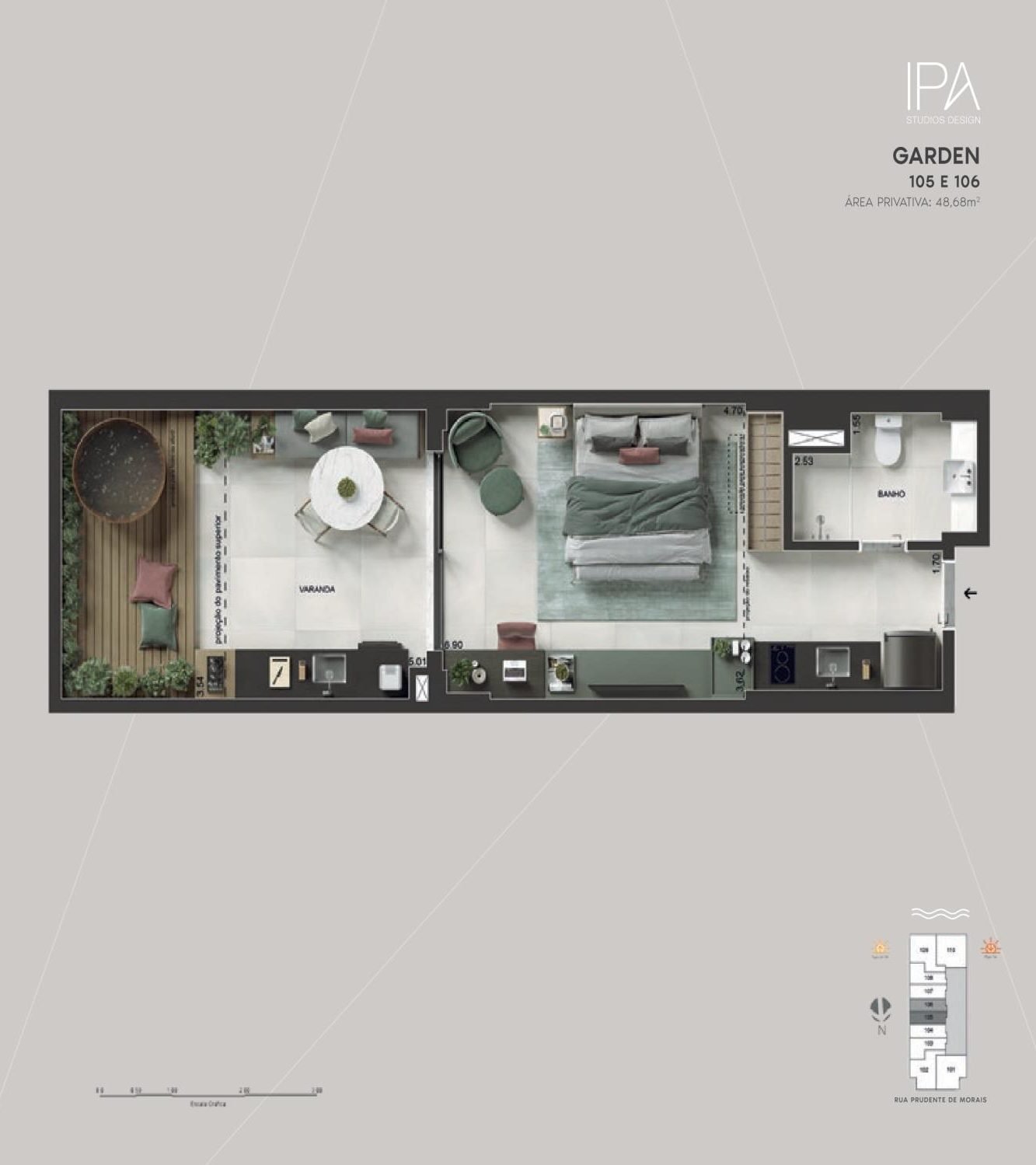 Planta dos gardens 105 e 106 do IPA Studios Design, com 48,68 m²