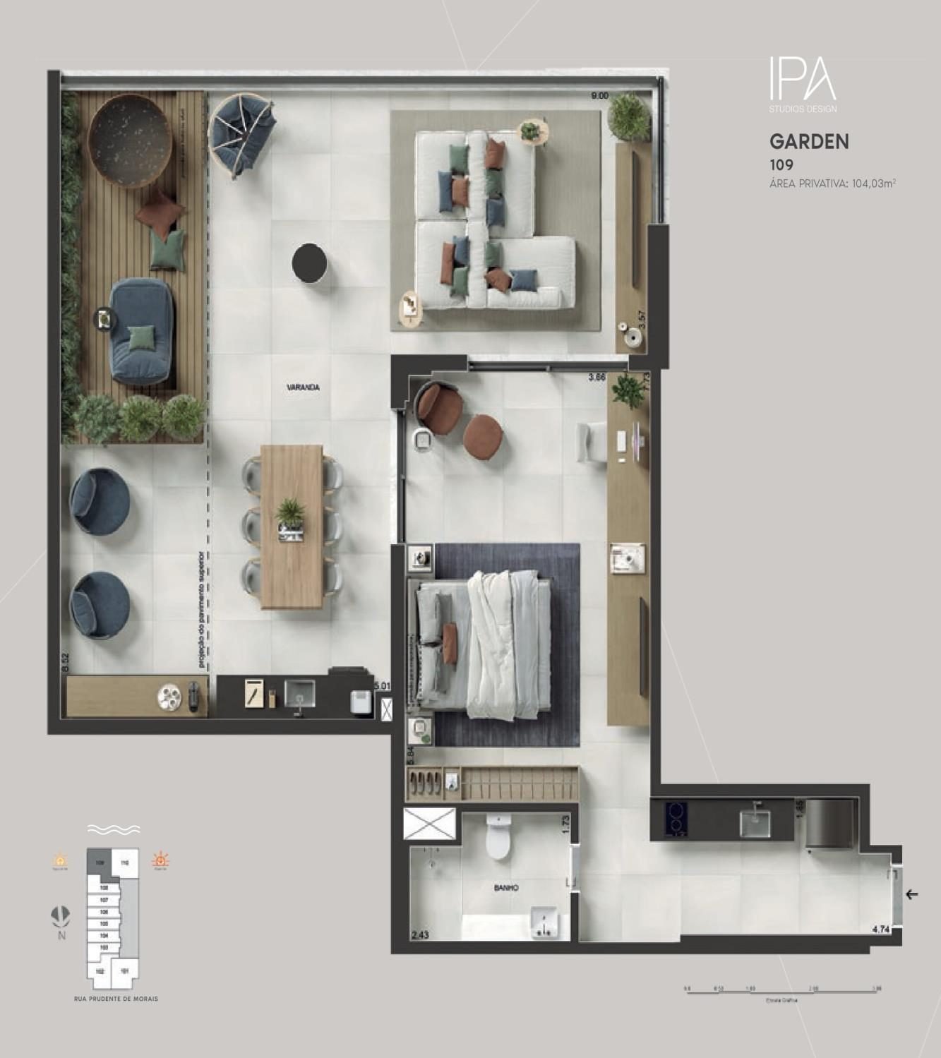 Planta do garden 109 do IPA Studios Design, com 104,03 m²