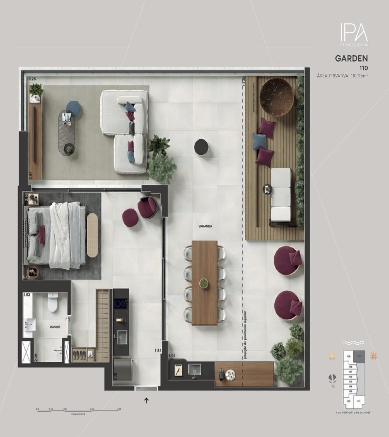 Planta do garden 110 do IPA Studios Design, com 110,95 m²