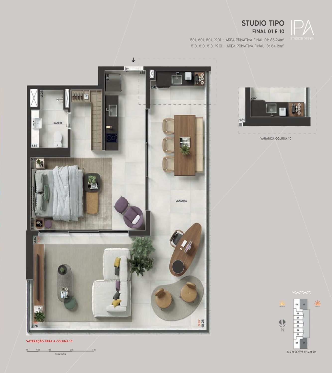 Planta do studio final 01 e 10 do IPA Studios Design, de 84,16 m² a 85,24 m²