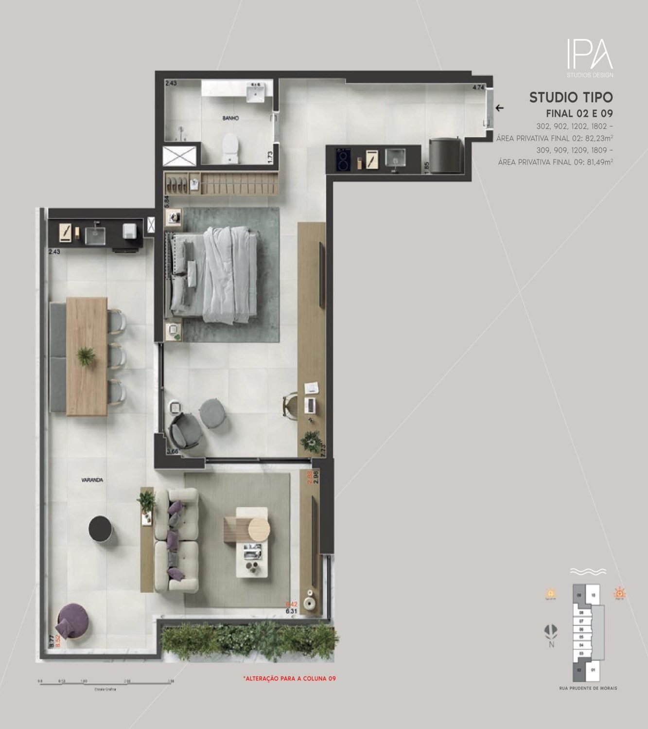 Planta do studio final 02 e 09 do IPA Studios Design, de 81,49 m² a 82,23 m²