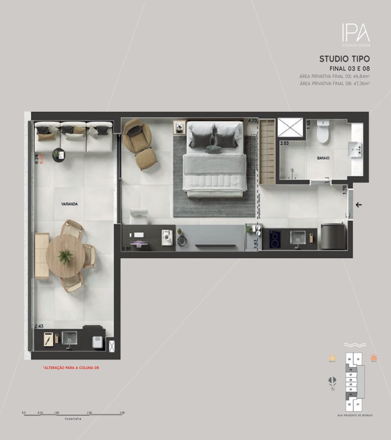 Planta do studio final 03 e 08 do IPA Studios Design, de 46,84 m² a 47,36 m²