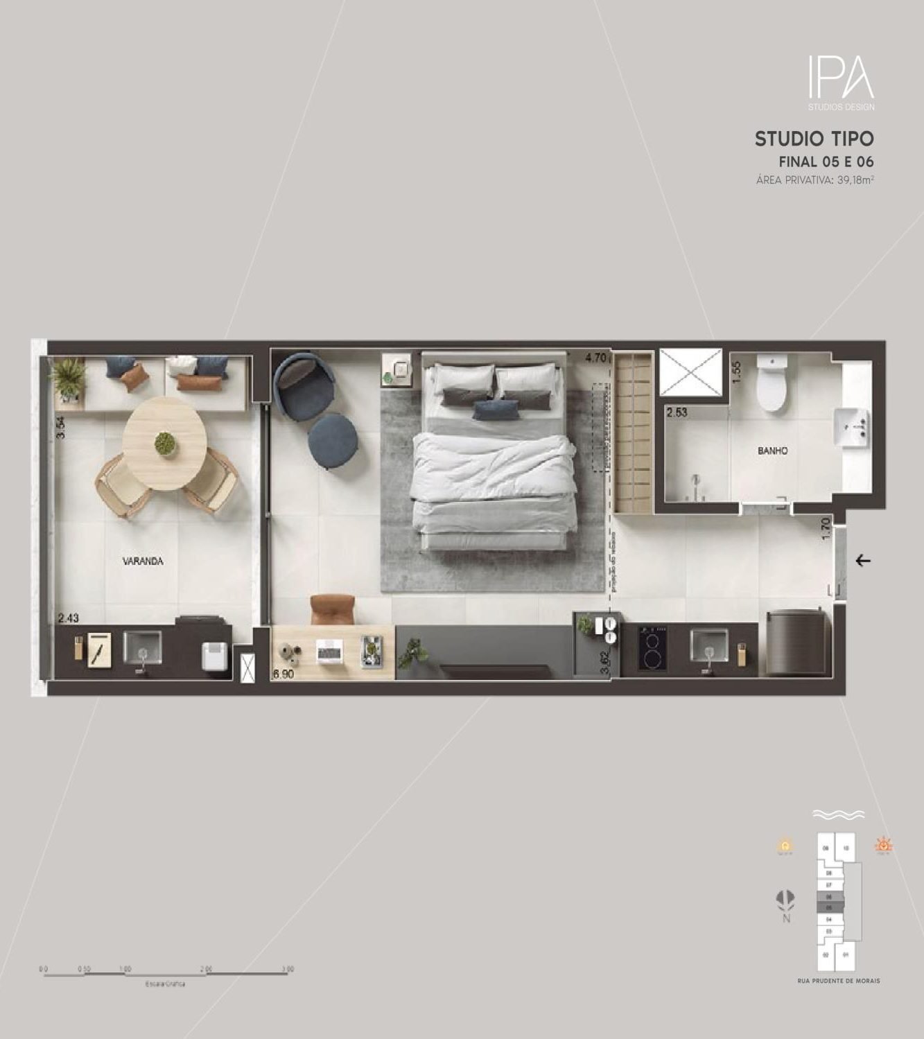 Planta do studio final 05 e 06 do IPA Studios Design, com 39,18 m²