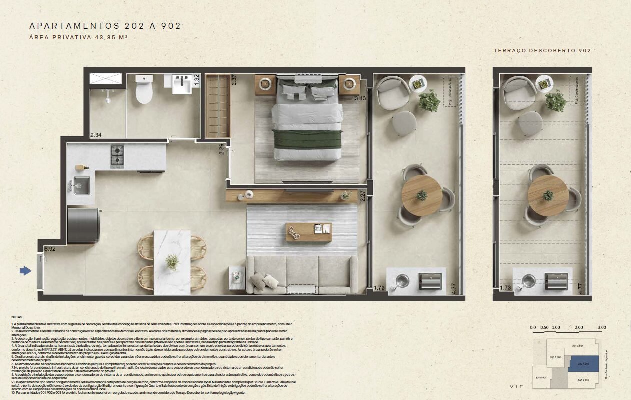 Planta dos apartamentos 202 a 902, com 43,35 m², do Barão de Jaguaripe 289