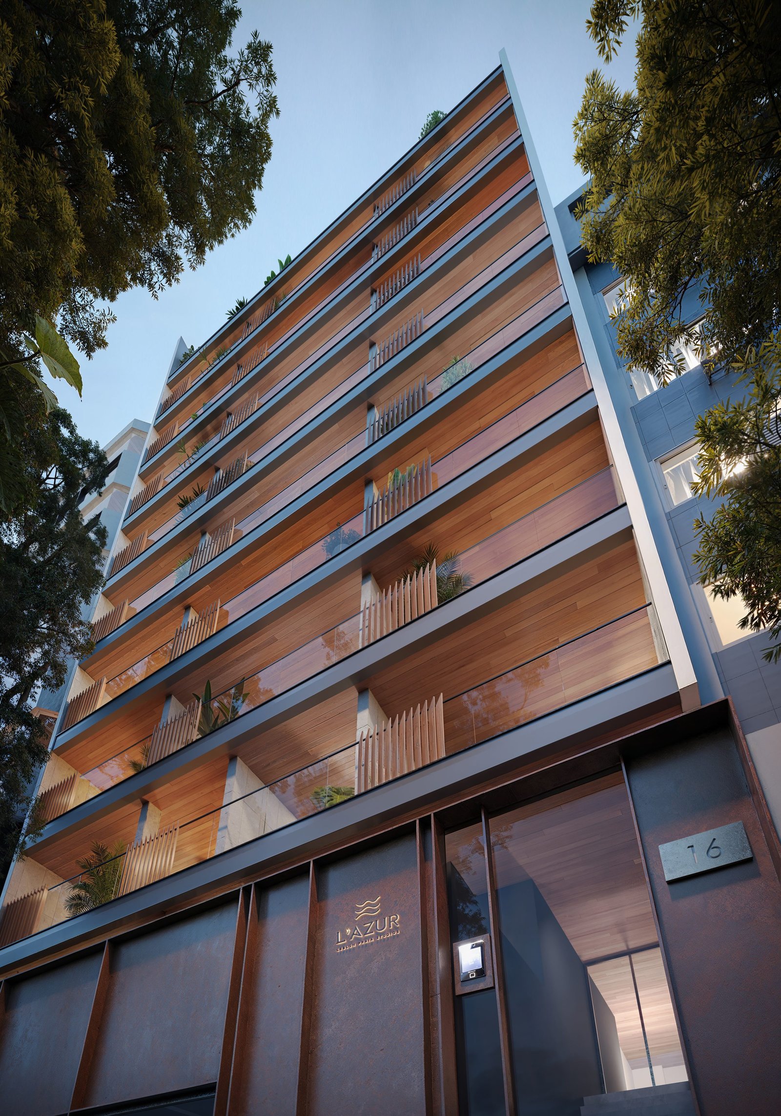 Fachada do L'Azur Leblon Praia Studios, revestida em madeira e concreto aparente