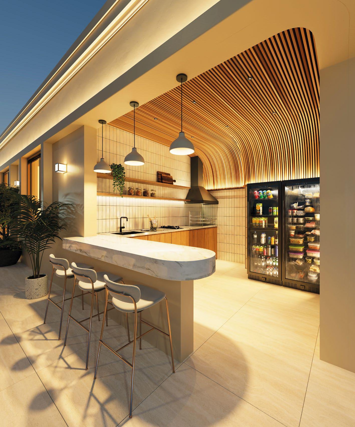 Bar da piscina e cozinha compartilhada no rooftop do Lumière