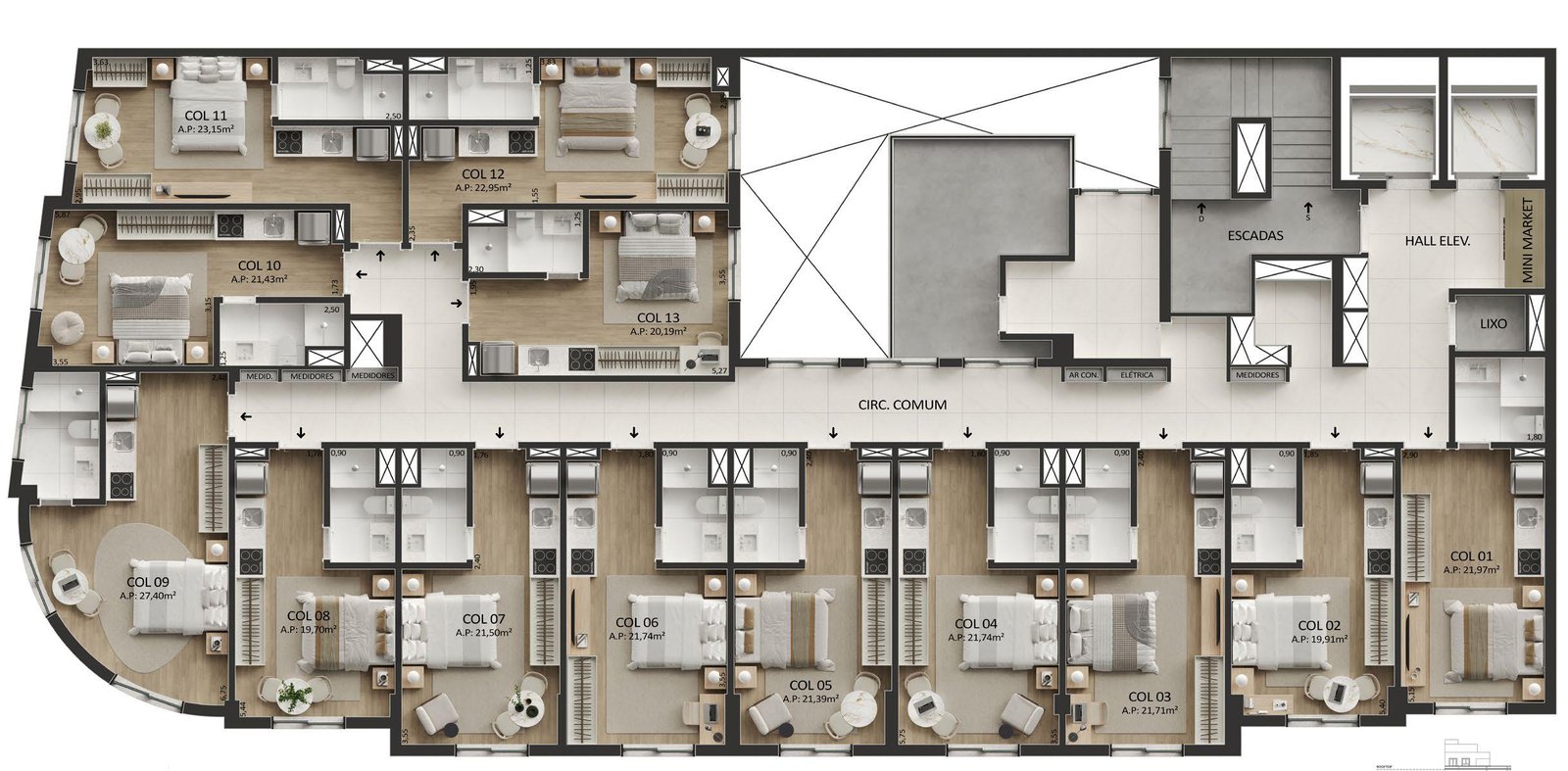 Masterplan do pavimento tipo do Lumière Studios Boutique com as unidades de studio de 19m² a 27m²