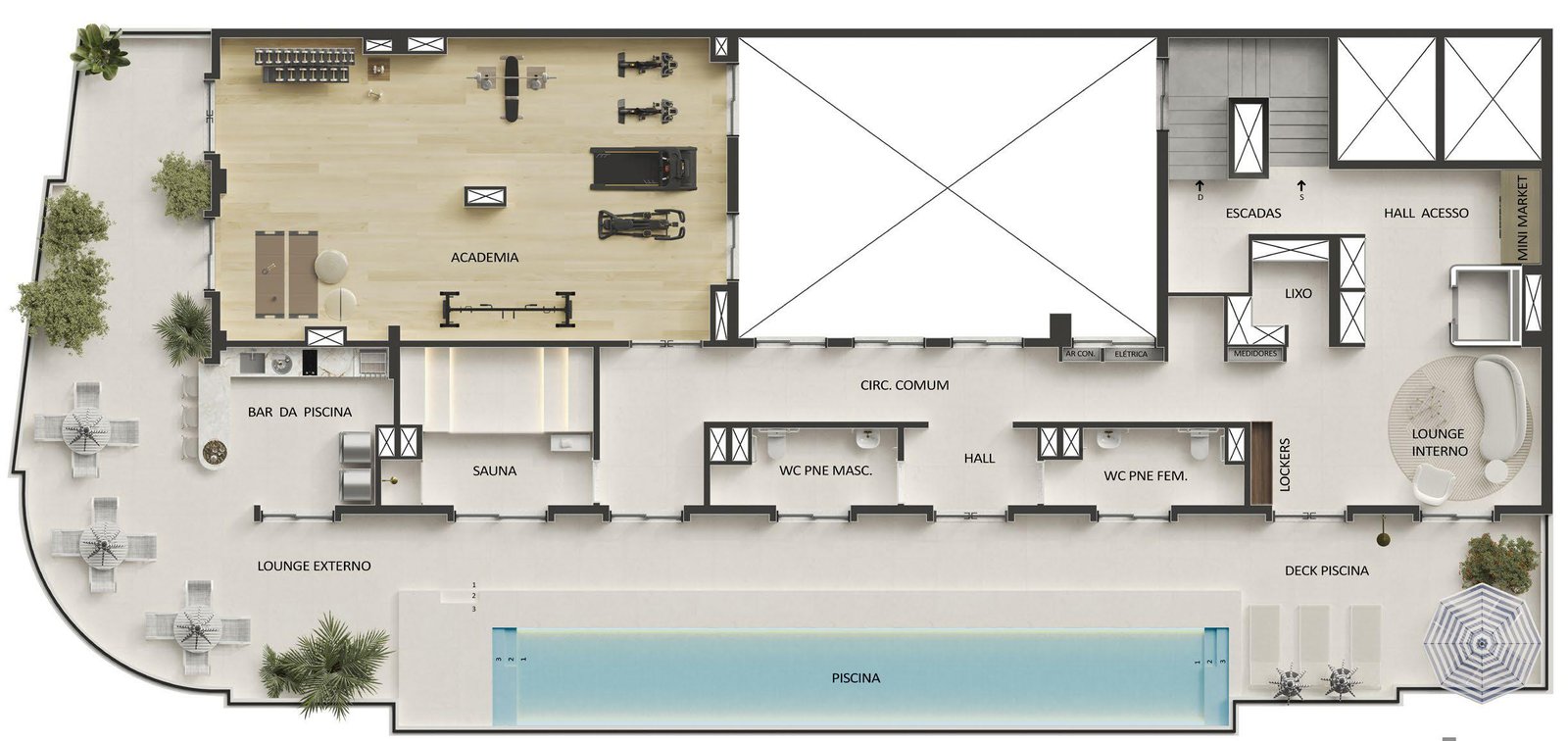Planta do rooftop do Lumière Studios Boutique com academia, piscina, sauna, bar e lounge