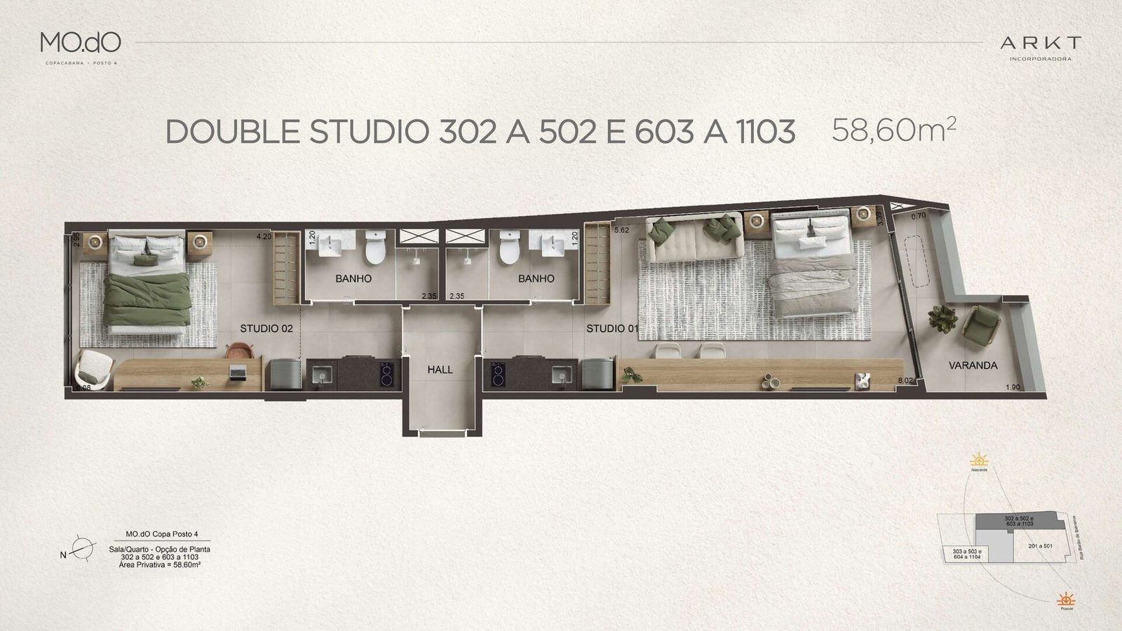 Planta do double studio de 58,60 m², unidades 302 a 502 e 603 a 1103, do MO.dO Copa Posto 4