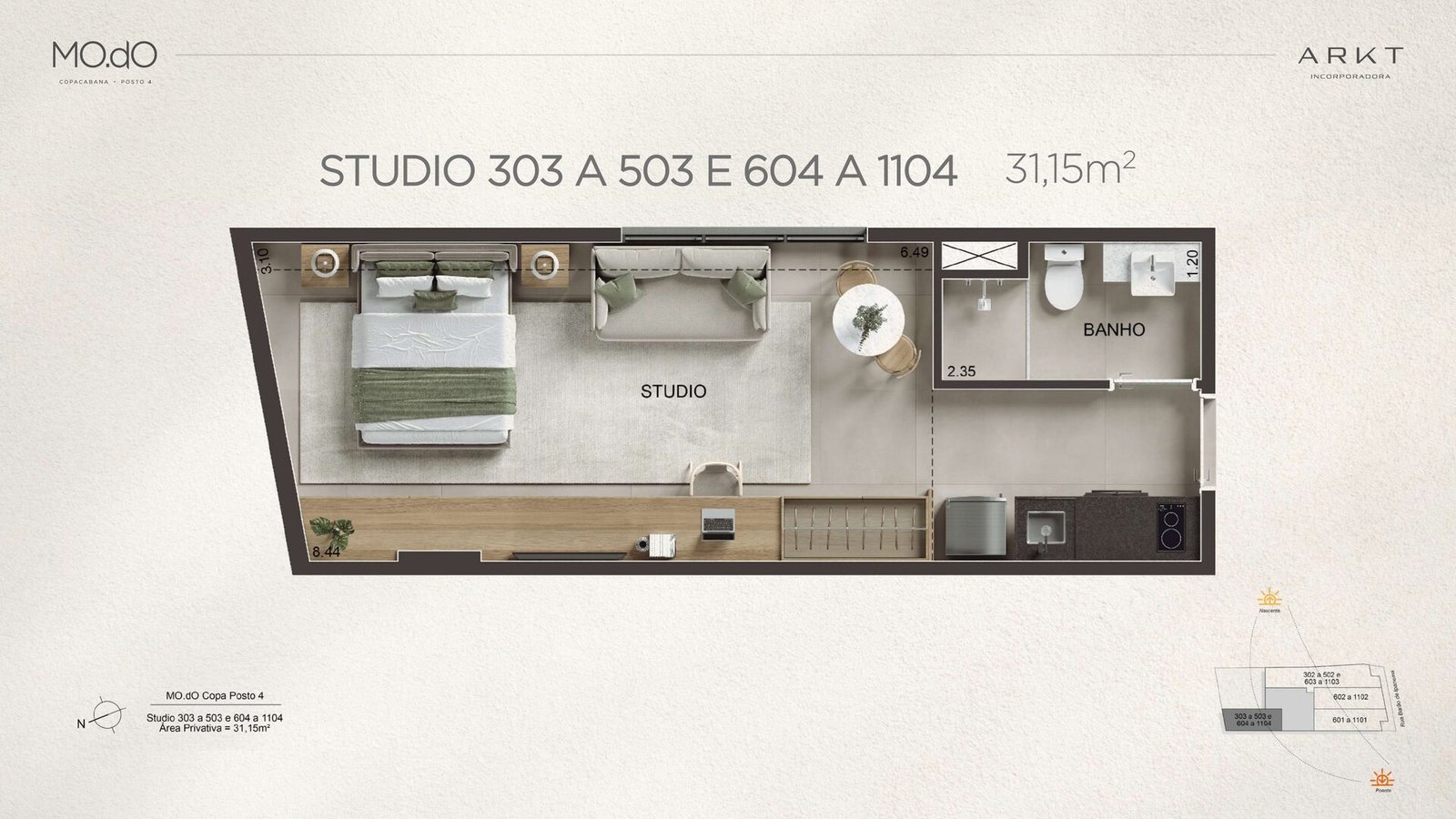 Planta do studio de 31,15 m², unidades 303 a 503 e 604 a 1104, do MO.dO Copa Posto 4