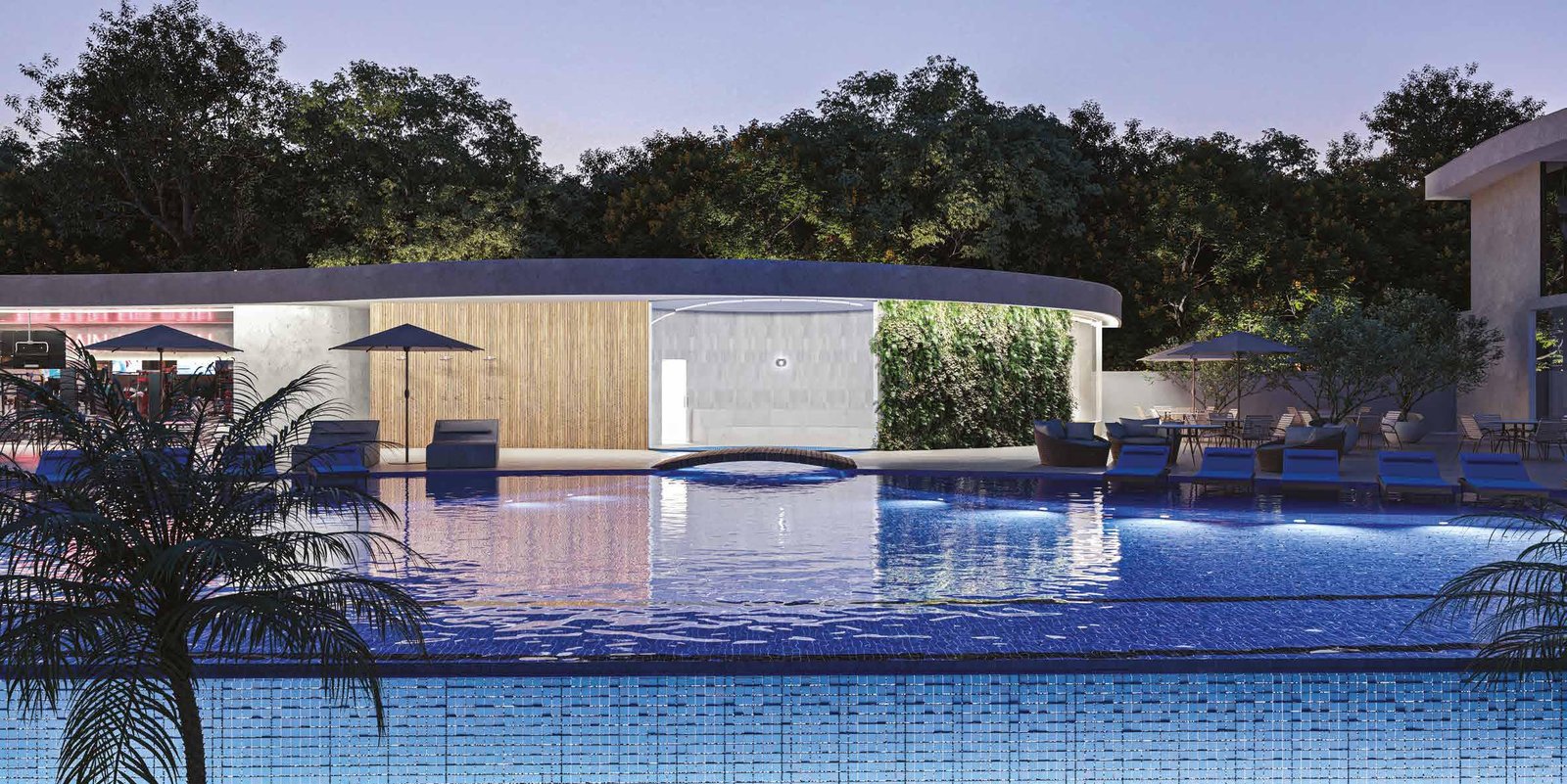 Piscina com palmeiras no Niemeyer 360 Residences, na Barra da Tijuca