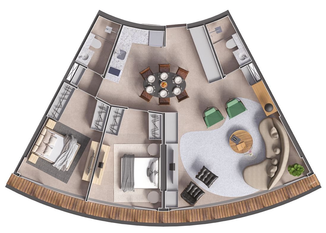 Planta baixa de studio curvo com dois quartos, dois banheiros, sala de jantar redonda e varanda em deck de madeira no Niemeyer 360 Residences