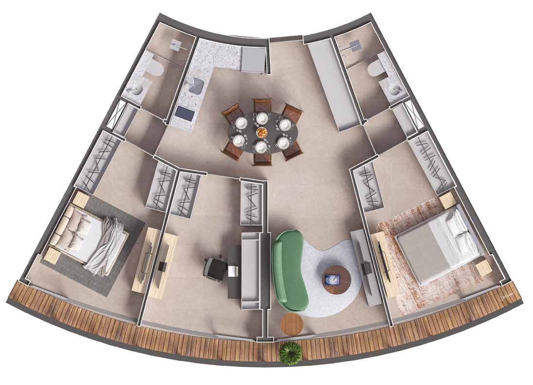 Planta baixa de studio curvo com dois quartos, home office integrado à sala e varanda em deck de madeira no Niemeyer 360 Residences