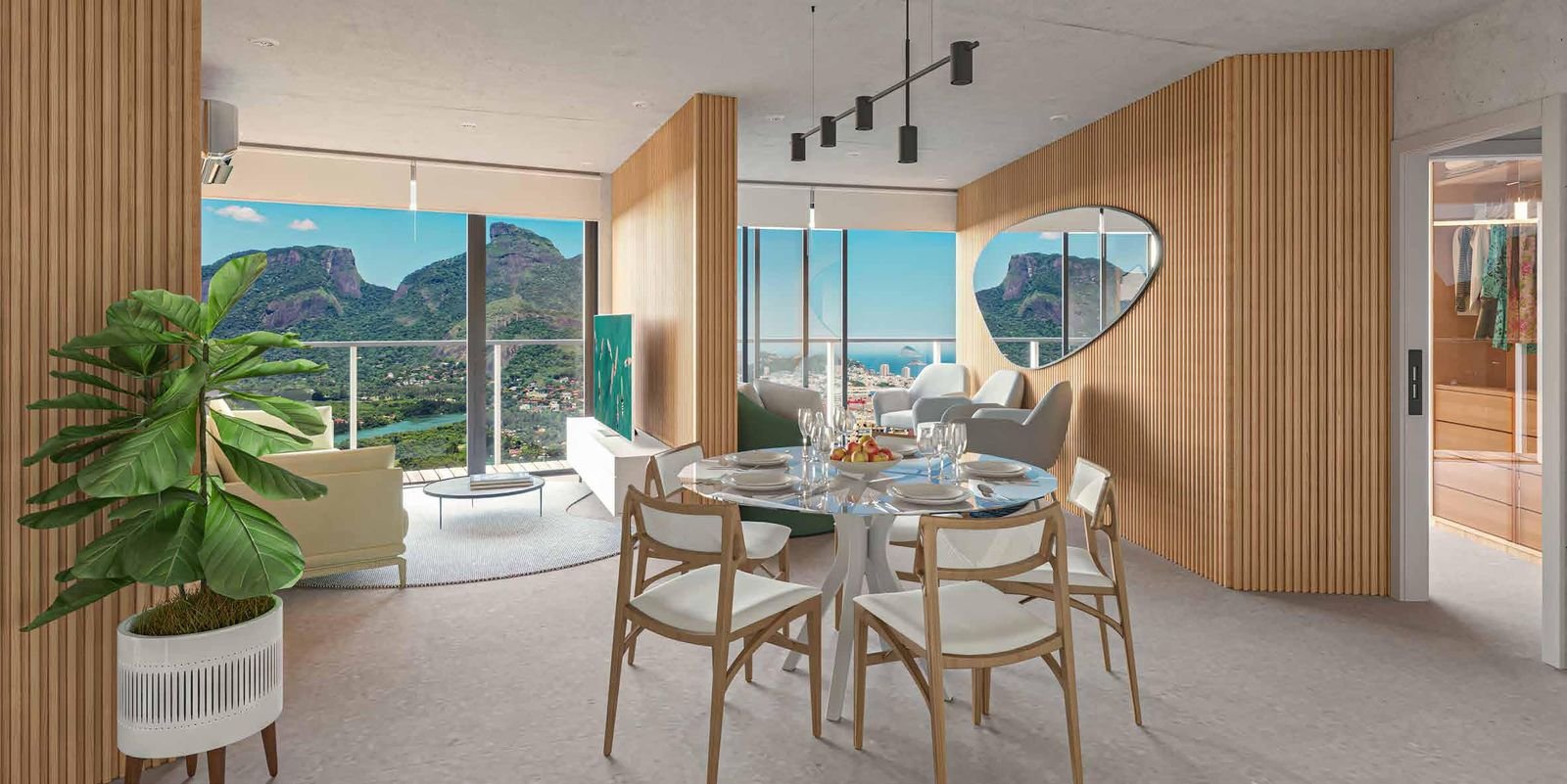 Sala de unidade de 2 quartos do Niemeyer 360 com vista para a Barra