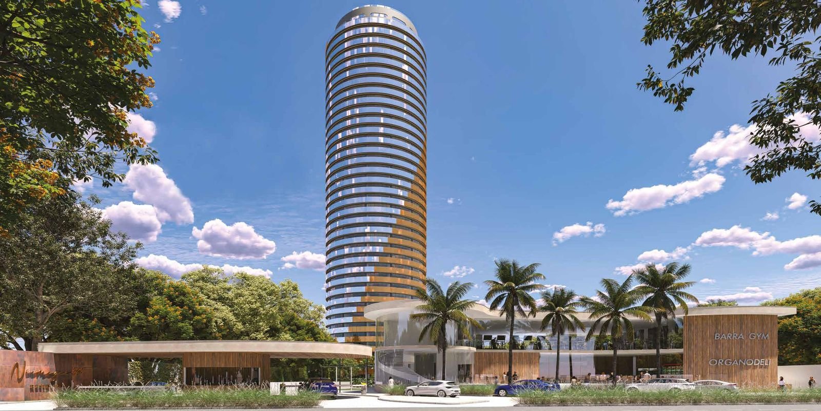 Torre cilíndrica do Niemeyer 360 Residences com jardins na Av. das Américas