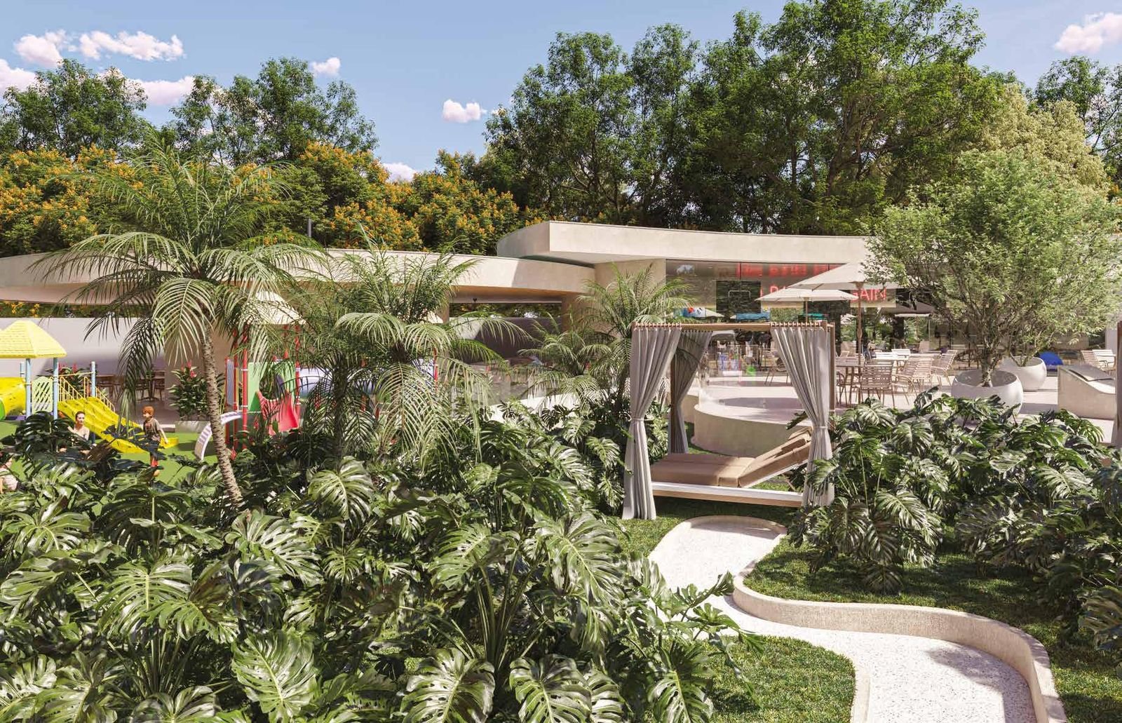 Lounge no jardim tropical do Niemeyer 360 Residences