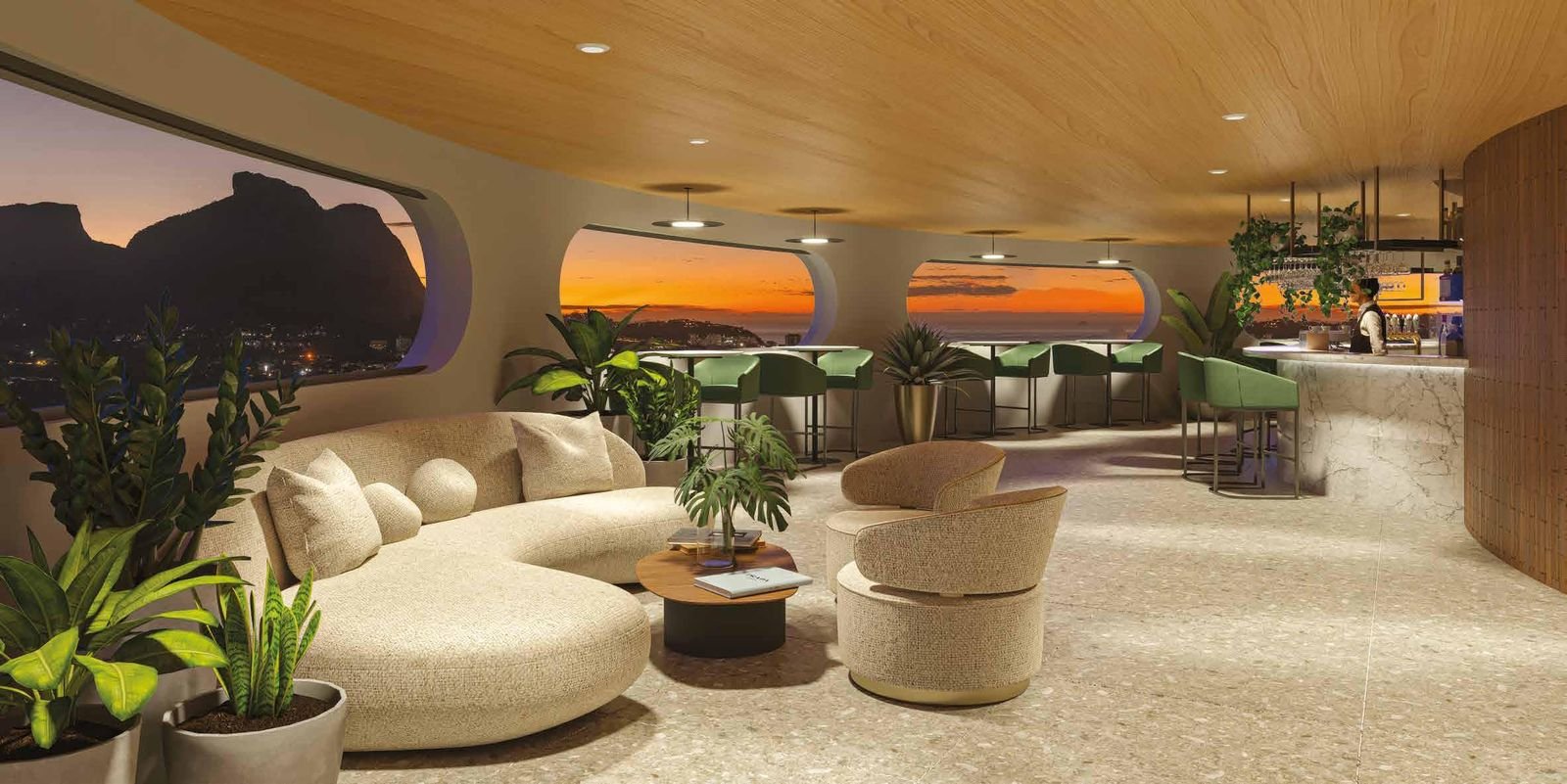 Lounge do rooftop do Niemeyer 360 com sofás curvos
