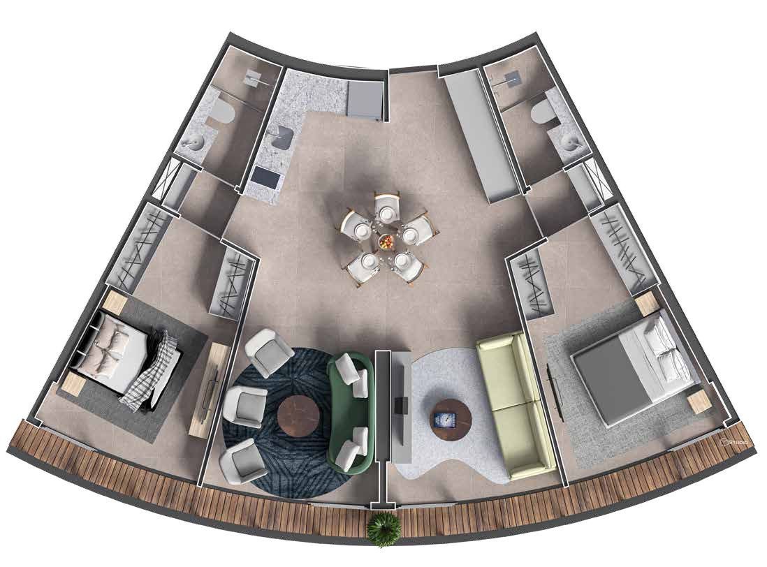 Planta de unidade de 2 quartos com sala ampla do Niemeyer 360 Residences