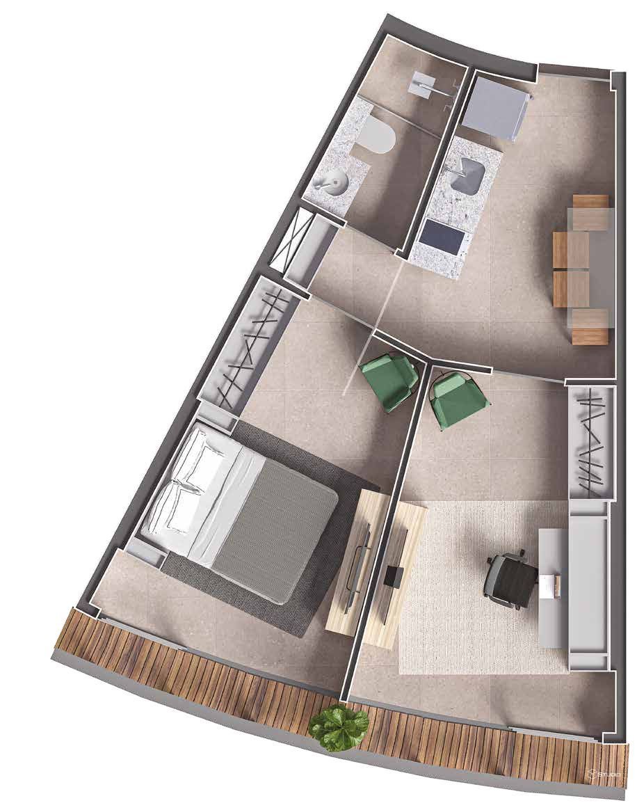 Planta de studio com quarto e escritório do Niemeyer 360 Residences