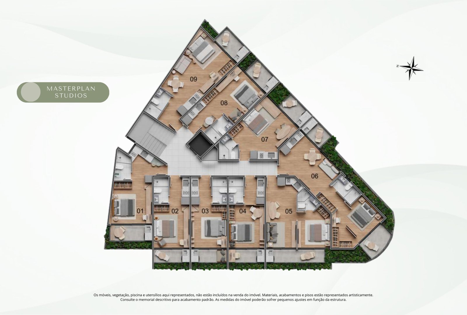 Masterplan do pavimento tipo com as 9 unidades de studio do Oceà Jardim Oceânico