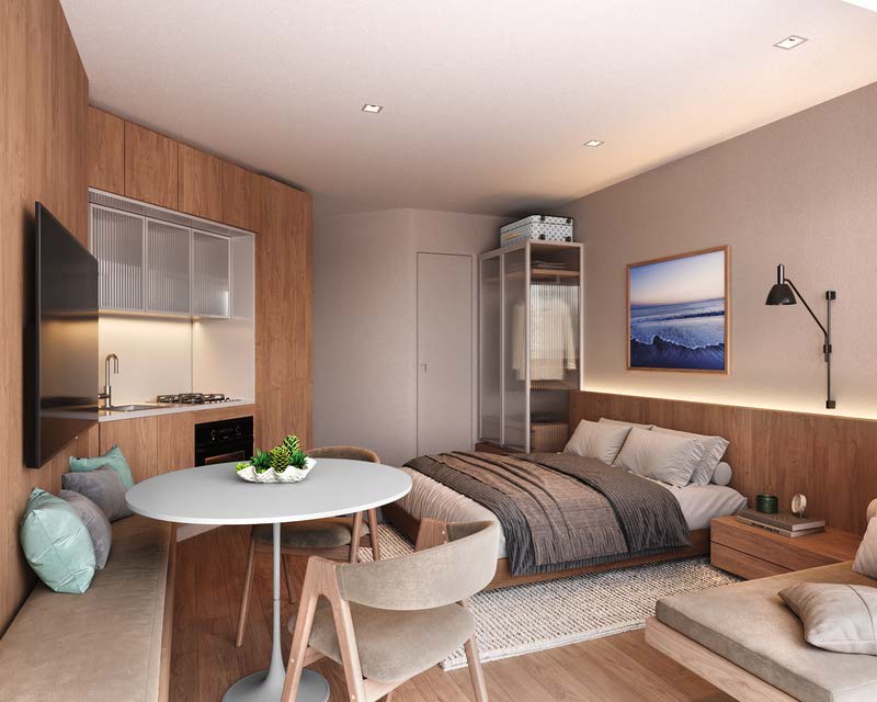 Studio com cozinha compacta e cama integrada na Barra da Tijuca