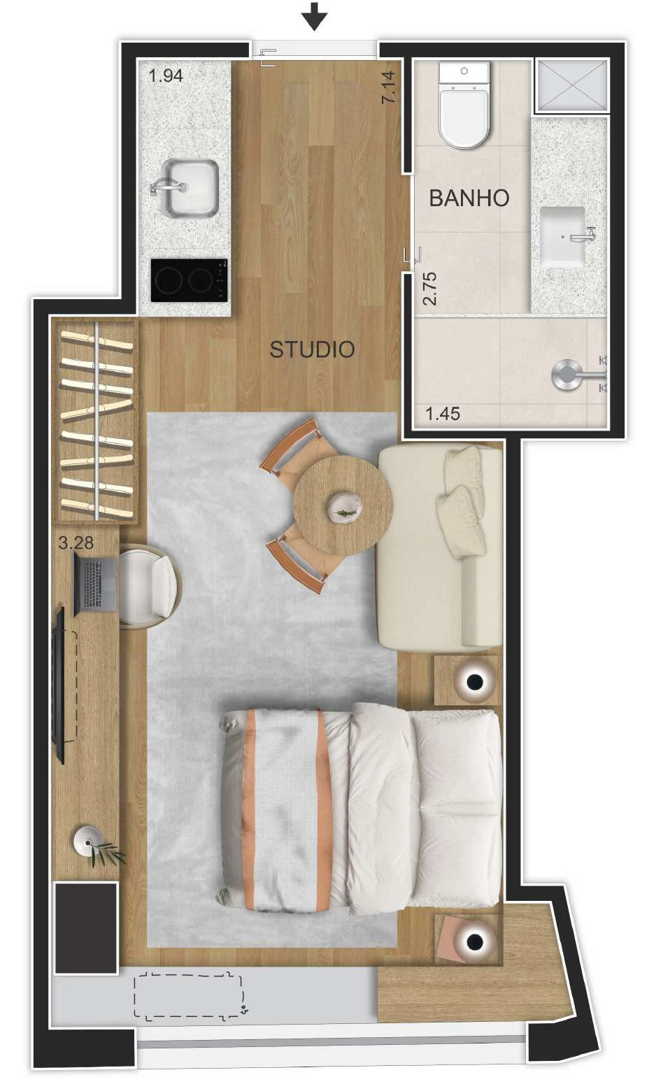 Planta baixa das unidades 206 a 1406 do Sete Full Week Studios, 24,92m²
