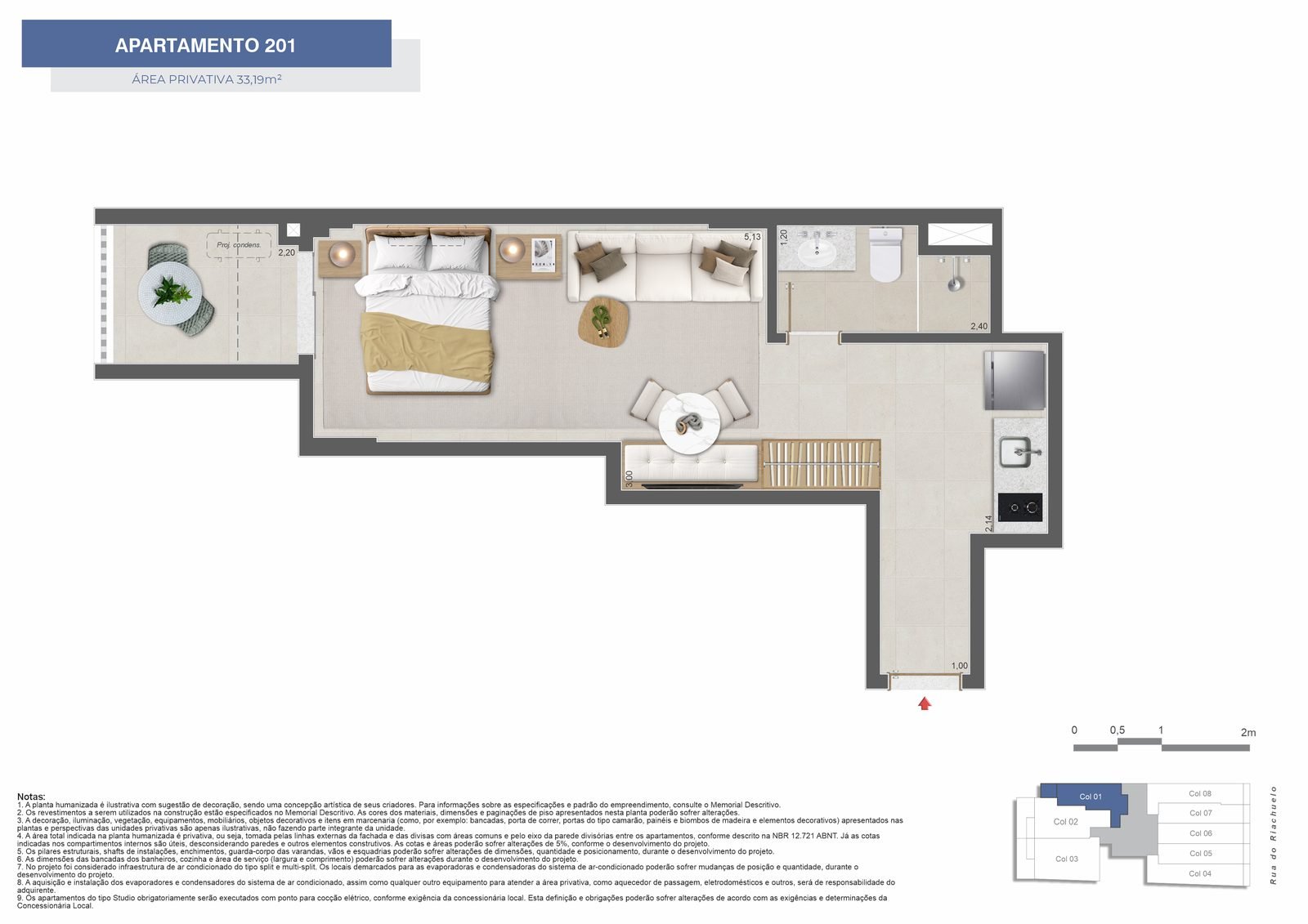 Planta do apartamento 201 do Somos Lapa, studio de 33,19m²