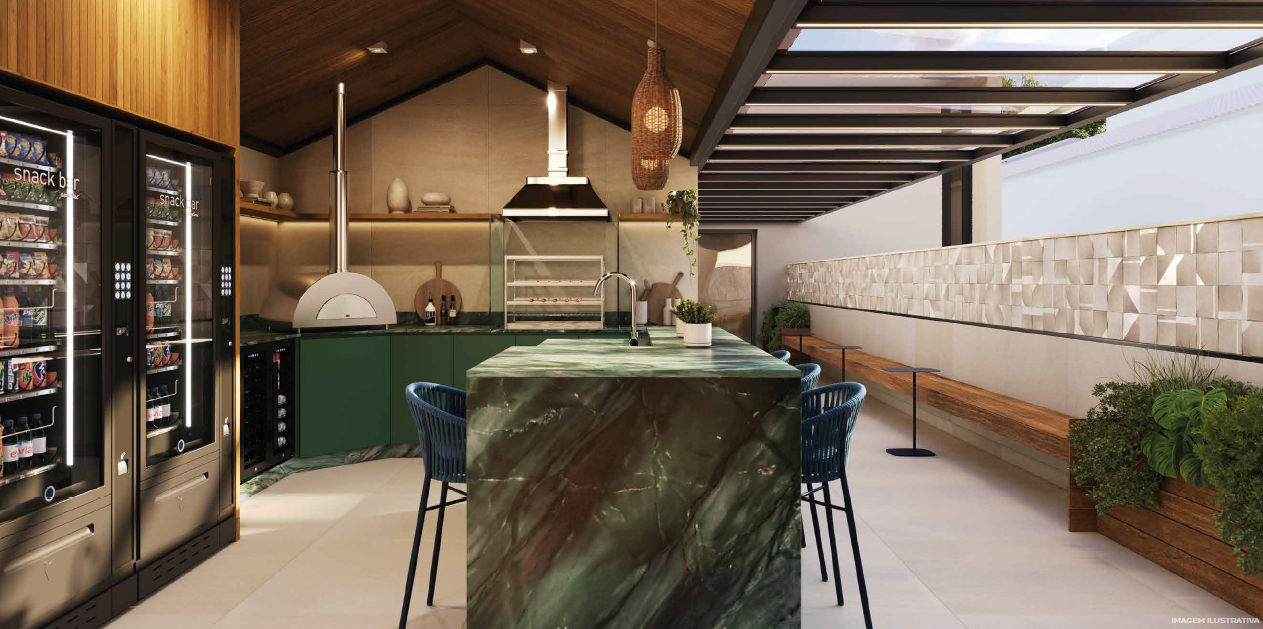Espaço gourmet do rooftop do Stay 360 Leblon com forno de pizza