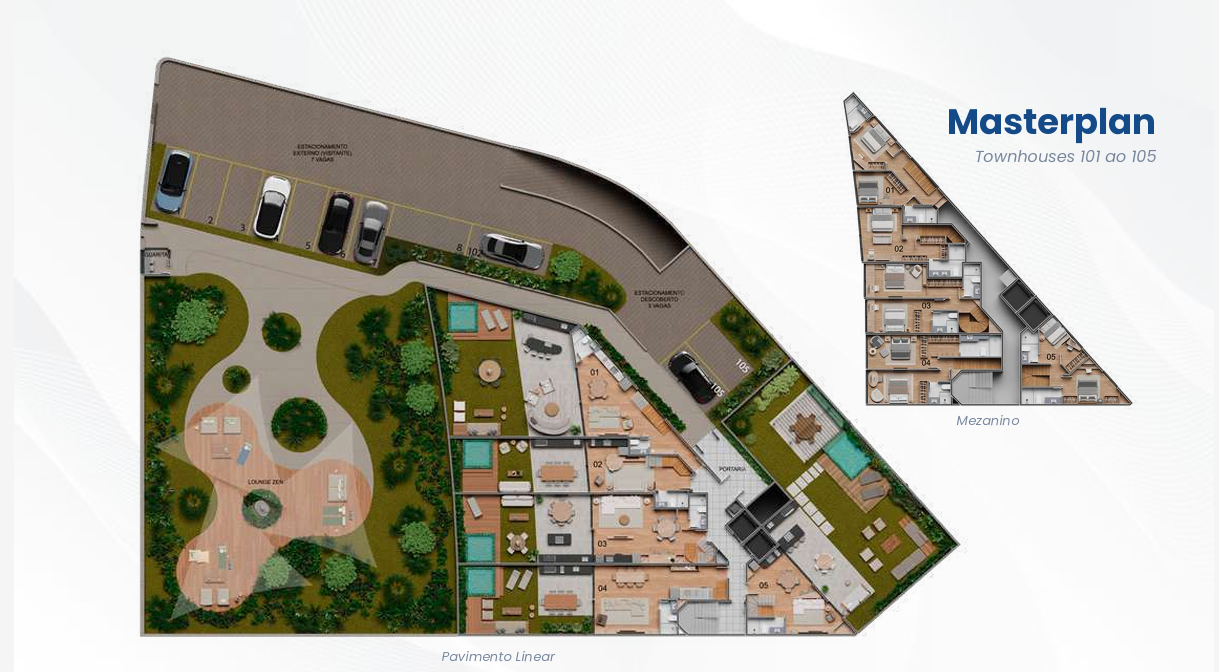 Masterplan dos townhouses 101 ao 105 do Vista Joá, pavimento linear e mezanino